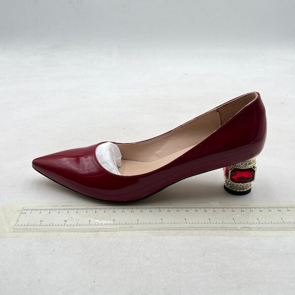 FSJ Dark Red Bridal Pointed Toe Chunky Block Low Heel Crystal Pumps Slip on Shoe - Picture 2 of 8